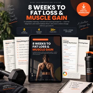 May include: A digital download of an 8-week body recomposition system guide featuring training, nutrition, and tracking blueprints. The set includes printed pages with exercise lists, a sample training-day structure, and a tracking sheet.