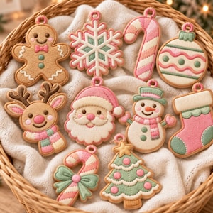 May include: A collection of ten Christmas-themed ornaments shaped like a gingerbread person, snowflake, candy cane, bauble, reindeer, Santa Claus, snowman, stocking, another candy cane with a bow, and a decorated pine tree.