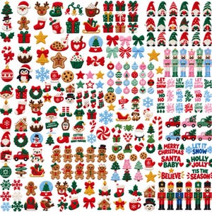 May include: A collection of assorted Christmas-themed embroidered patches featuring Santa Claus, reindeer, gingerbread people, nutcrackers, gnomes, snowflakes, gift boxes, bows, candy canes, and festive text like Merry Christmas and Let It Snow.