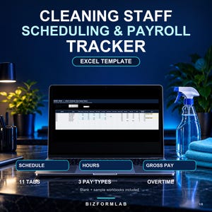 Peut inclure: Un modèle Excel numérique pour le suivi des plannings et de la paie du personnel de nettoyage affiché sur un écran d'ordinateur portable. L'interface montre une vue hebdomadaire avec des colonnes pour le personnel, les heures et la paie.