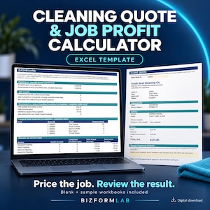 May include: A digital Cleaning Quote & Job Profit Calculator Excel template displayed on a laptop screen next to a printed client quote document. The dashboard shows data tables for pipeline, job counts, and service types by BizFormLab.
