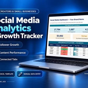 Peut inclure: Un ordinateur portable affichant un tableau de bord de suivi de croissance et d'analyse des réseaux sociaux avec des données sur les abonnés et les performances. L'écran présente des métriques pour diverses plateformes avec 12 onglets connectés.