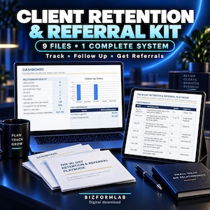 May include: A Client Retention & Referral Kit digital download featuring a laptop displaying a dashboard, a tablet showing a 90-day playbook schedule, printed documents, a black mug with the text Plan Track Grow, and a black notebook.