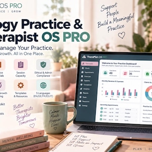 May include: A laptop displaying the TheraPlan OS PRO dashboard, featuring practice management tools, client tracking, and financial analytics. The screen shows charts and data, surrounded by a mug, notebooks, and text detailing practice features.