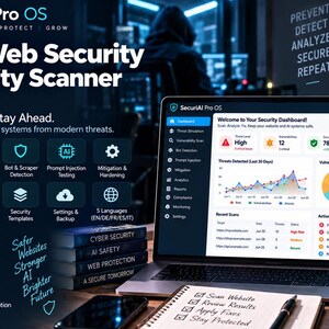 May include: A laptop displaying the SecuriAI Pro OS security dashboard with charts and vulnerability data. The screen shows threat levels, security scores, and action items. Nearby are books labeled Cyber Security and a mug with the text Secure Ideas Build Freedom.