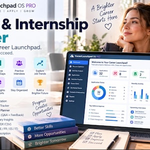 May include: A digital Career & Internship Tracker dashboard displayed on a laptop screen, featuring charts, application status, and skill analysis. The interface includes text like CareerLaunchpad OS PRO, Your All-in-One Career Launchpad, and various icons for resume optimization, interview practice, and job trends.