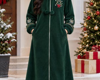 Womens Christmas Clergy Robe | Green Fleece Church Gown | Winter Hooded Cassock | Snowflake Pastor Robe