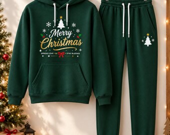 Merry Christmas Tracksuit Womens | Green Christmas Hoodie Jogger Set | Holiday Family Matching Tracksuit | Christmas Gift For Her