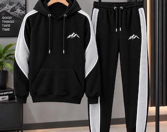 Custom Mens Tracksuit Set Black Grey, Color Block Fleece Sweatsuit Men, Oversized Hoodie and Jogger Set,