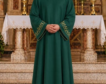 Men's Embroidered Clergy Alb | Gold Cross Priest Cassock | Liturgical Church Alb | White Choir Gown