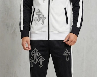 Rhinestone Cross Tracksuit – Black White Zip-Up Hoodie & Joggers (Y2K Gothic Streetwear), Free world wide Express shipping
