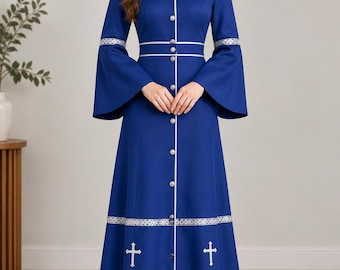Batina feminina azul royal de inverno em fleece para sacerdotes | Vestido sacerdotal feminino | Batina coral quente | Vestimenta religiosa feminina