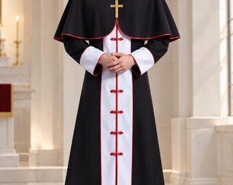 Mens Black White Clergy Cassock with Red Trim Mozzetta Cape Priest Soutane Bishop Choir Vestment Winter fleece suit