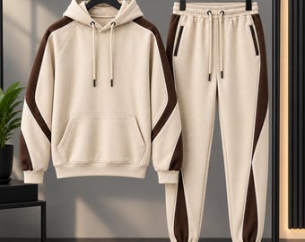 Beige Brown Color Block Tracksuit, Mens Two Tone Hoodie and Joggers Set, Unisex Streetwear Sweatsuit, Oversized Loungewear Set