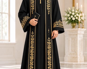 Embroidered Clergy Alb | Priest Cassock | Church Vestment for Men | Liturgical Robe with Gold Cross Embroidery