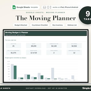 May include: A digital Google Sheets moving planner template featuring nine tabs, a budget tracker, countdown checklist, box inventory, and address list. The interface displays data fields for budget, tasks, and a bar chart for moving expenses.