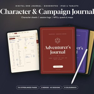 Pode incluir: Um diário digital de DND para iPad e tablets com ficha de personagem e capa Adventurer's Journal em vermelho, roxo, amarelo e verde. A interface inclui 114 páginas com hiperlinks, 3 heróis, 40 sessões e 5 variantes de cores.