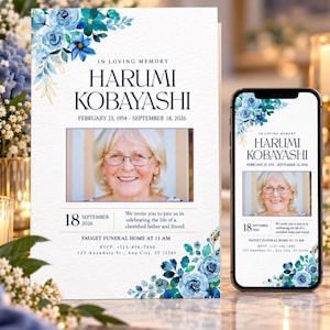 Puede incluir: Un programa funerario y un teléfono inteligente que muestra el mismo diseño conmemorativo. La tarjeta blanca presenta rosas azules en acuarela, el texto IN LOVING MEMORY, el nombre HARUMI KOBAYASHI, fechas, un retrato y detalles del evento.