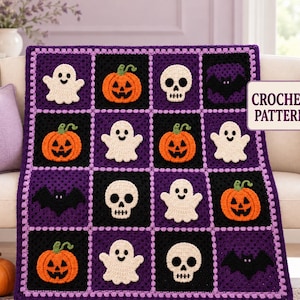 Halloween Granny Square Blanket Pattern, Ghost Pumpkin Bat Skull Throw PDF