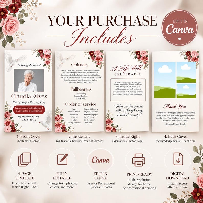 Editable Funeral Program Template, 4-page Floral Obituary Memorial ...