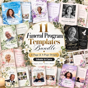 Può includere: Una collezione di 11 modelli di programmi funebri con vari disegni floreali, ritratti di persone e testo tra cui In Loving Memory, Order of Service e Acknowledgements. Il grafico circolare centrale mostra 11 Funeral Program Templates Bundle.