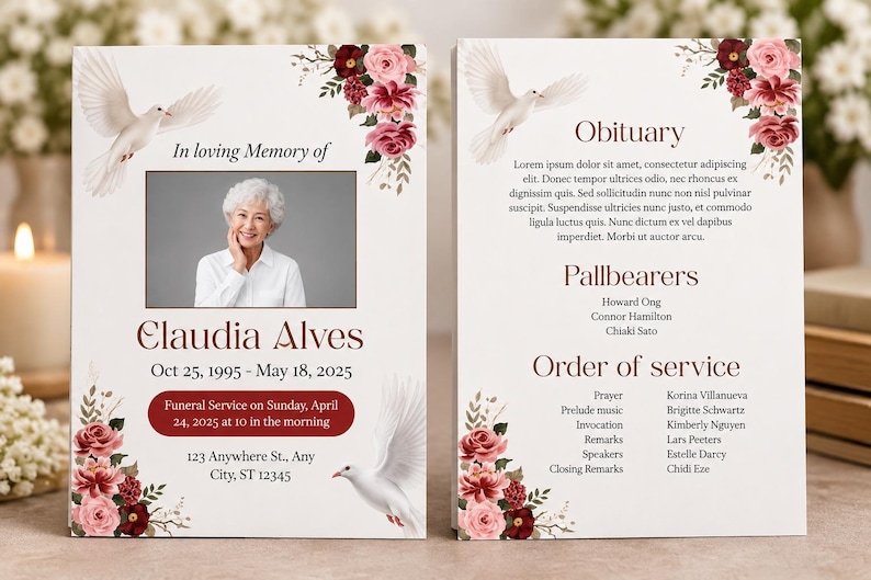 Editable Funeral Program Template, 4-page Floral Obituary Memorial ...