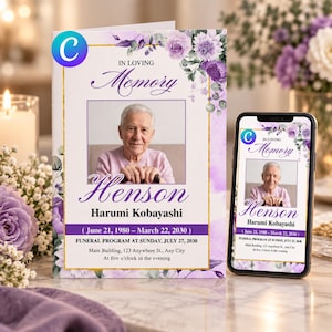 Pode incluir: Um modelo de programa funerário com detalhes florais roxos, uma borda dourada e a foto de uma pessoa idosa. O texto diz IN LOVING MEMORY, HENSON, Harumi Kobayashi, 21 de junho de 1980 – 22 de março de 2030, e detalhes do programa.
