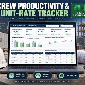 Construction Crew Productivity Tracker – Excel Dashboard for Labor Hours, Cost per Unit (Digital Download)