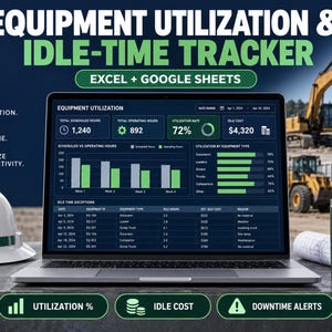 Pode incluir: Uma tela de laptop exibindo um painel de rastreamento de utilização de equipamentos e tempo ocioso para Excel e Google Sheets. A interface mostra gráficos, taxas de utilização e dados de custos de inatividade, incluindo o texto Equipment Utilization & Idle-Time Tracker.