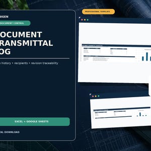 May include: A digital document transmittal log template featuring a dark blue interface with green accents. The layout includes text labels for document control, issue history, recipients, and revision traceability, alongside spreadsheet previews.