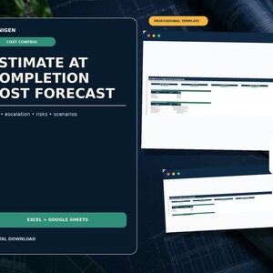 May include: A digital template for an Estimate at Completion Cost Forecast dashboard. The dark blue interface features white text, green buttons, and spreadsheet previews for Excel and Google Sheets, displaying project cost control data.