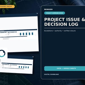 May include: A digital project issue and decision log template for Excel and Google Sheets. The dark blue interface displays the text REINIGEN, PROJECT COMMUNICATION, PROJECT ISSUE & DECISION LOG, Escalations, authority, verified closure, and DIGITAL DOWNLOAD.