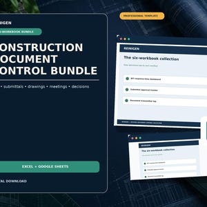 May include: A digital construction document control bundle by Reinigen featuring a six-workbook collection for RFIs, submittals, drawings, meetings, and decisions. The dark blue interface displays text in white and green, compatible with Excel and Google Sheets.
