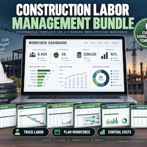 Puede incluir: Un paquete digital de gestión de mano de obra de construcción con un portátil que muestra un panel de control con gráficos, seis plantillas de hojas de cálculo, un casco de obra blanco y un portalápices con el texto Better Crews Brighter Builds.