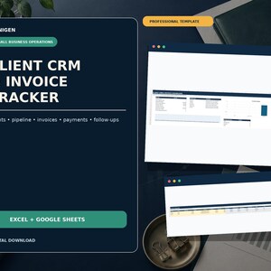 Op de afbeelding: Een digitaal sjabloon voor een klant-CRM en factuurtracker, met een donkerblauwe interface met witte tekst. Het bevat secties voor klanten, pijplijn, facturen, betalingen en follow-ups, compatibel met Excel en Google Sheets-software.