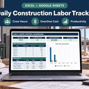 Könnte beinhalten: Ein Laptop mit einem täglichen Baukosten-Tracker-Dashboard für Excel und Google Sheets. Der Bildschirm zeigt Tabellen zur Zusammenfassung der Arbeitsstunden, Gesundheitskennzahlen der Arbeit und ein Balkendiagramm für tägliche Stunden.