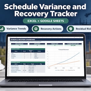 May include: A laptop screen displaying a Schedule Variance and Recovery Tracker dashboard for Excel and Google Sheets. The interface includes tables for variance events, recovery health, and a forecast movement line graph with blue and orange lines.