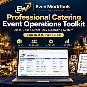 Op de afbeelding: Een digitale EventWorkTools professionele catering event operations toolkit weergegeven op een laptopscherm, met een op Excel gebaseerd besturingssysteem met tabbladen voor overzicht, tijdlijn en taken, naast een checklist-klembord.