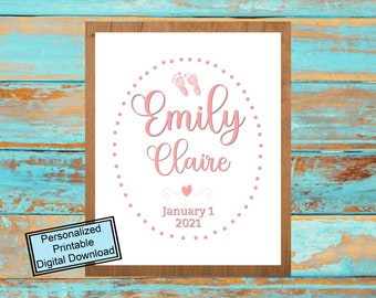 Pink Baby Name Sign, Wall Art Printable, Baby Footprints, Custom Baby Gift, Personalized Newborn Gift, Nursery Decor, Baby Girl Sign