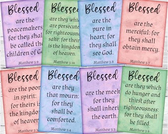 Printable Beatitude Bible Verses Sermon on the Mount Scripture Cards in Pastel Colors