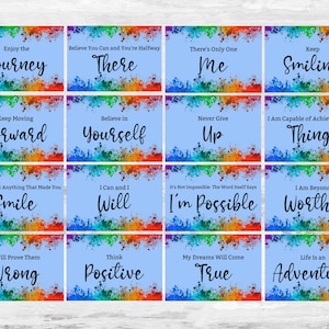 Cartões de afirmação imprimíveis com respingo de tinta azul, notas de lancheira, mini cartões de álbum, cartões de incentivo, papel de scrapbook, etiqueta pendurada, kit de diário