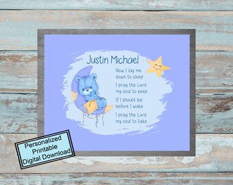 Printable Now I Lay Me Down to Sleep Custom Wall Art, Bedtime Prayer for Boy Nursery Décor