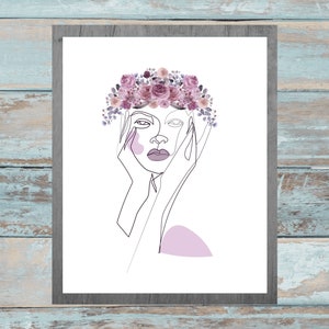 Woman Face Line Art, Printable Wall Décor, Abstract Female Face, Modern Wall Art, Flowers on Head Art, Woman Line Art Poster, Face Poster