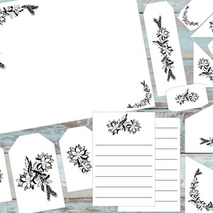 Poinsettia Printable Journal Kit, Ink Saver Paper, Bookmark, Corner Tucks, Hang Tags, Black and White Christmas Journal Paper