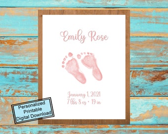 Printable Baby Name Sign Custom Wall Art with Footprints and Date for Pink Nursery Décor