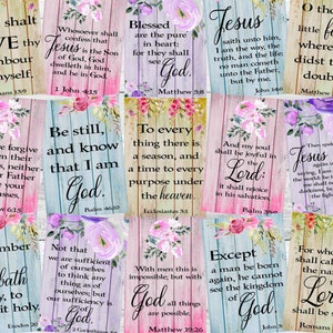 May include: A collage of 10 colorful cards with bible verses and floral designs. Each card features a different verse from the Bible, with a floral design in the background. The cards are all in a similar style, with a light wood background and a white border.
