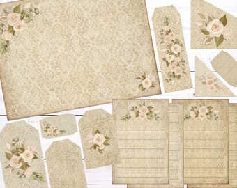 Aged Damask Lace Flowers Printable Journal Kit, Lined and Unlined Damask Grunge Paper, Damask Bookmark, Corner Tucks, Hang Tags