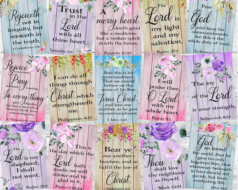 May include: A selection of decorative wooden plaques featuring Bible verses and floral designs. Each plaque displays a different quote in elegant script, set against a rustic wood grain background with colourful flower arrangements.