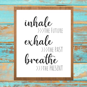 Puede incluir: Una impresión enmarcada en blanco con texto negro que dice "inhale >>> the future exhale >>> the past breathe >>> the present".