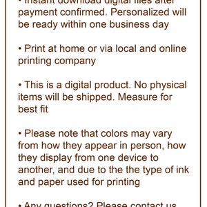 May include: A rectangular image with a brown border contains text in a serif font. The text provides information about digital files, printing options, and colour variations. It also states that no physical items will be shipped.